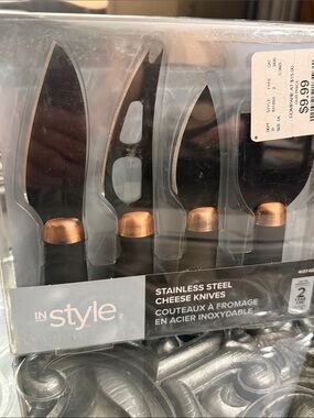 In Style Stainless Steel Cheese Knife Set Black Handles Copper Accents